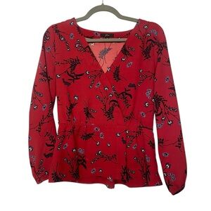 J Crew V Neck‎ Red Floral Peplum Blouse Size M Good Condition Feminine Romantic